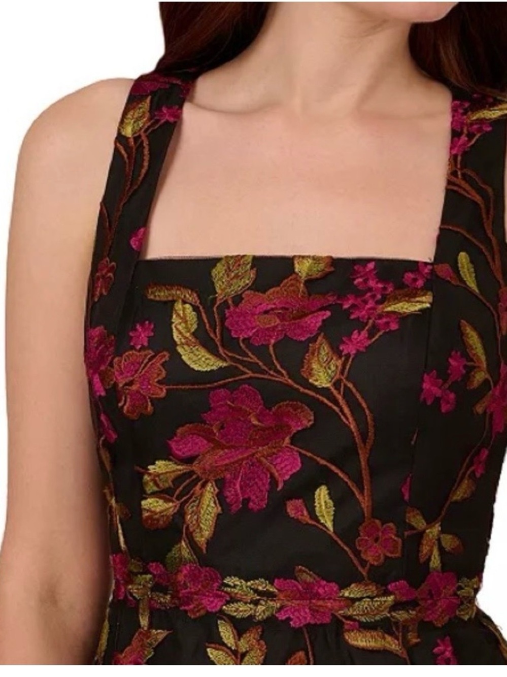Adrianna Papell Embroidered Floral Midi Dress with Magenta Embroidery Sheer NWT - Picture 2 of 10